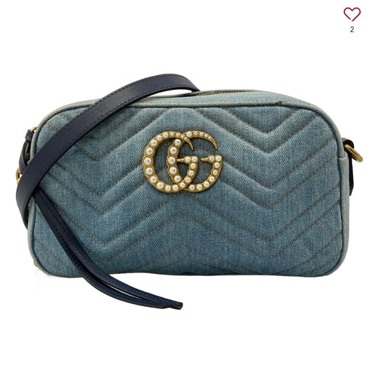GUCCI GG Marmont Shoulder Bag 447632 Blue Navy Denim Leather 36063315